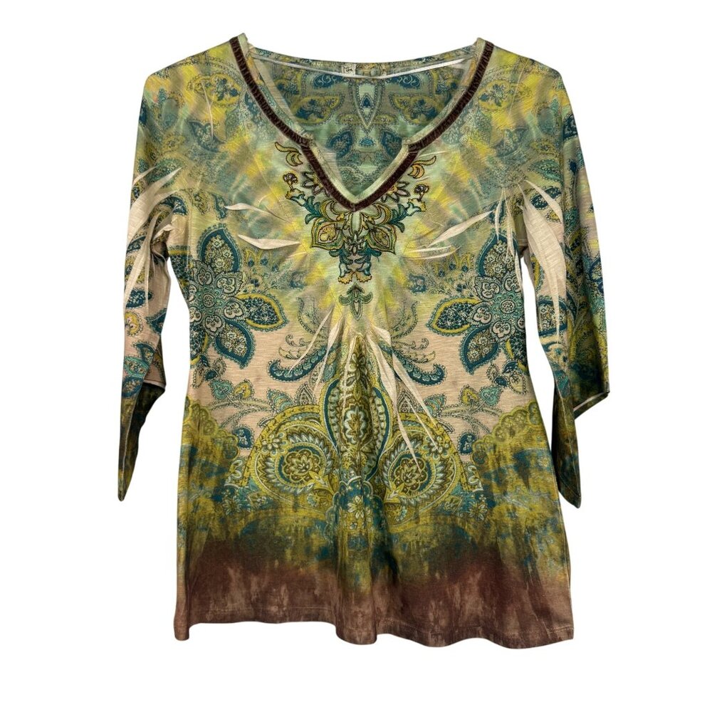 LIve and Let Live Boho Gypsy Tie-Dye Paisley Print V-Neck  Tunic Top